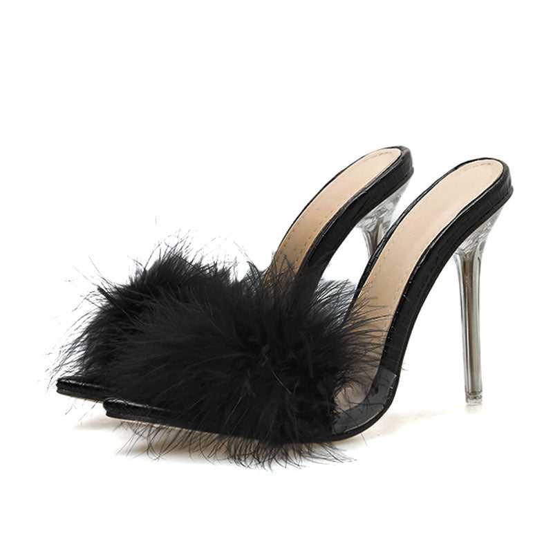 Crystal Feather Mule High Heel Sandals