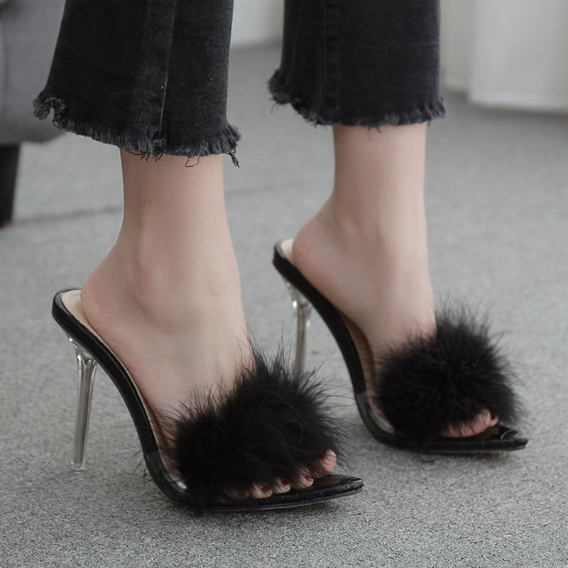 Crystal Feather Mule High Heel Sandals