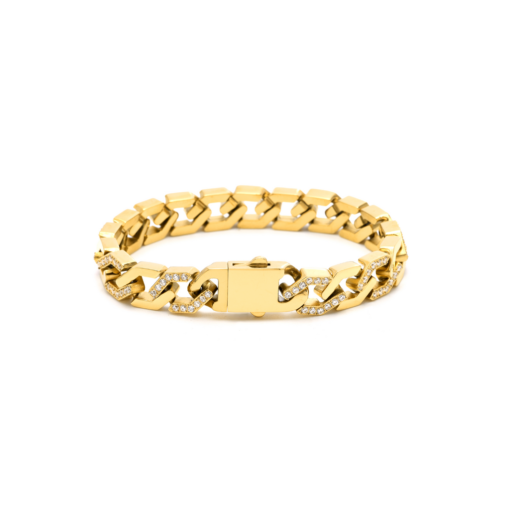 BG101G B.Tiff Pavé High Polish Gold Flat Angular Cuban Link Bracelet